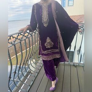 Elegant Purple Long Sleeved French 3 piece Shalwar  Kameez  Dress gold embroidry